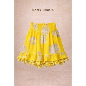 Ramy Brook Stevie Yellow Floral Smocked Mini Skirt Pom Pom Swim Cover-Up Size XS